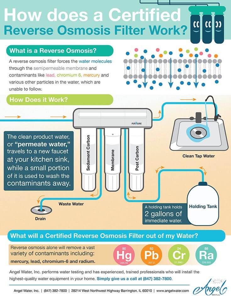 Infographic of how a reverse osmosis system helps clean your drinking water.