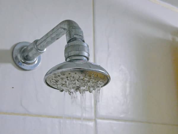 A shower head has low water pressure because of the effects of hard water