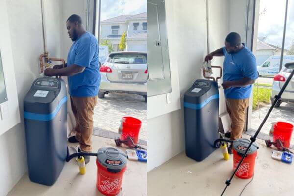 Two images side-by-side of a professional plumber installing a water softener