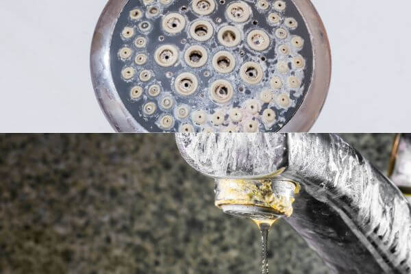 Two images show limescale buildup on a showerhead and a faucet